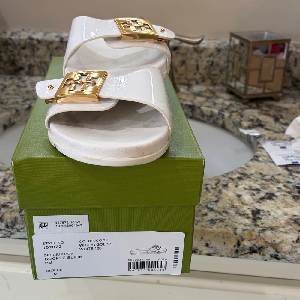 Tory Burch White Patent Slide Sandals with Gold Logo Buckle